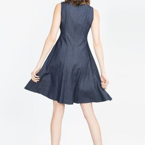 ZARA Sleeveless Denim Blue Flared Dress - Picture 3 of 3